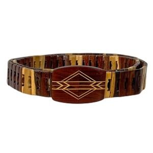 Unique Vintage Handmade Wood‎ Link Belt 40" – Carved Inlay Buckle, Boho Artisan